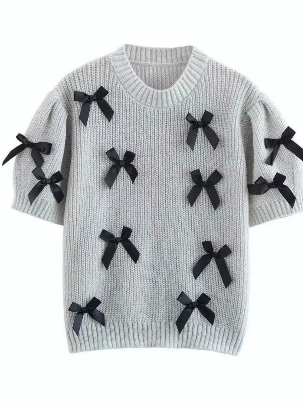 Light Gray Short-Sleeve Knit Sweater with Black Bow Accents
